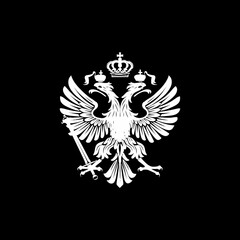 Striking white double-headed eagle heraldic crest with crowns, scepter, and orb on a stark black background, emblem of power and history.