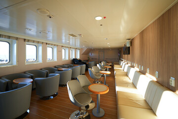 Lounge salon in the ferry to Saaremaa Island navigating on the Virtsu-Kuivastu shipping route in the Väinameri Sea, West Estonian Archipelago, Baltic Sea