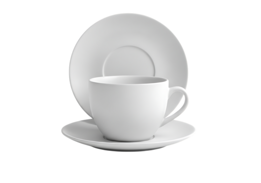 3d illustration of a clean white ceramic coffee cup and saucer set, isolated on transparent background on transparent background - Powered by Adobe