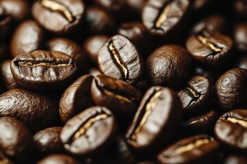 Fototapeta premium Close-Up of Dark Roasted Coffee Beans Displaying Rich Texture and Aromatic Appeal for Coffee Lovers