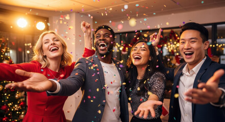 Joyful diverse colleagues celebrating a successful project with confetti and holiday decorations in a brightly lit office.