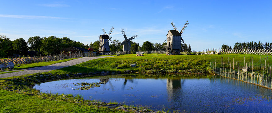 Traditional wooden windmills of Angla Windmill Park on Saaremaa Island, Estonia - Historic rural heritage and Baltic countryside landmark