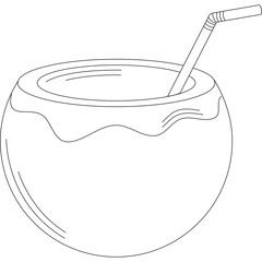 Simple Line Drawing of a Coconut Drink with a Straw on a Transparent Background