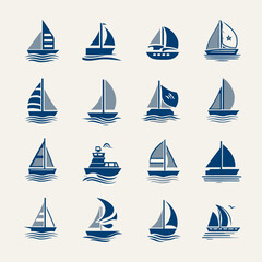 Collection of nautical boat and sailboat icons, vector illustrations for maritime travel and water transport design