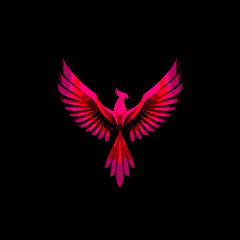 Obraz premium Majestic vibrant pink and red gradient mythical bird with outstretched wings on black, symbolic fantasy creature graphic design illustration.