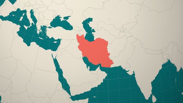 Iran map. Animated zoom into the country on the Globe in Teal Pale Mint color palette. Country logo animation. Map with meridians, parallels. Alive video.