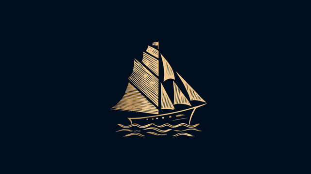 Golden sailing ship emblem illustration on dark blue background, vintage nautical design, elegant maritime symbol, old vessel graphic. - Powered by Adobe