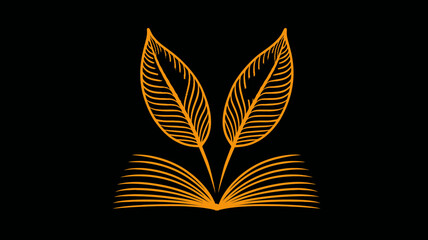 Elegant golden book with two feather quills on a black background, symbolizing literature, knowledge, education, and creative writing