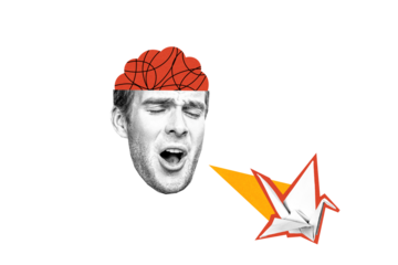 Composite trend artwork sketch photo collage of young man face head levitate brain open close eye stress headache think paper bird origami
