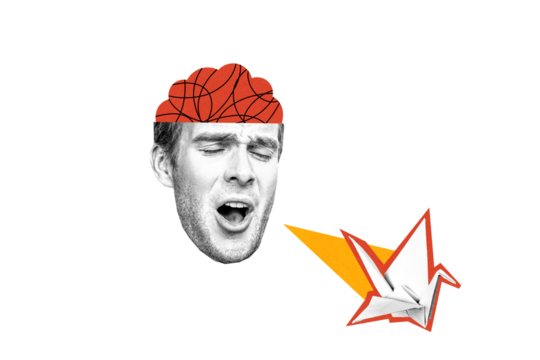 Composite trend artwork sketch photo collage of young man face head levitate brain open close eye stress headache think paper bird origami