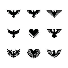 Stylized black eagle and bird of prey silhouette logos, vector emblems for design, representing power, freedom, and strength.