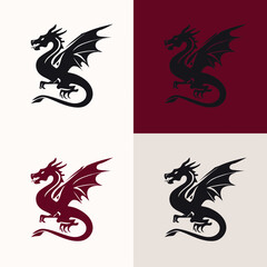Fototapeta premium Set of stylized heraldic dragon emblems. Mythical fantasy creature illustrations for logo design, medieval concepts, and power symbols.
