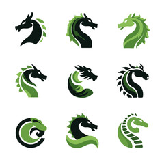 Diverse set of stylized green and black dragon head vector illustrations. Collection of mythical creature icons, ideal for fantasy, gaming, and logo design projects.