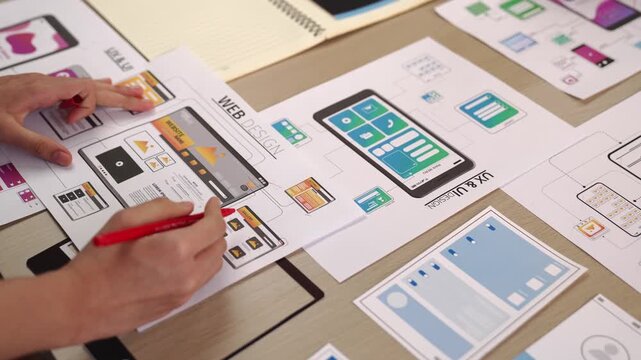 Excellent startup company employee presenting user interface prototype for mobile application to smart manager in office workspace. UX UI designer explain function of icon design on paper. Synergic