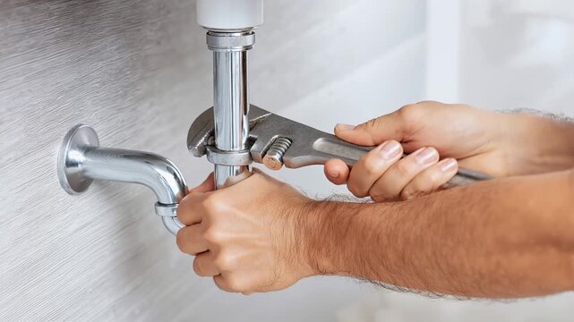 plumber tightening metal pipe under sink with wrench