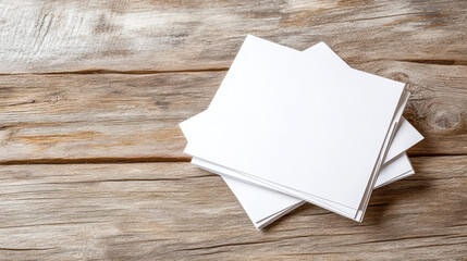 Blank sheets of paper stacked on rustic wooden surface create minimalistic and clean workspace