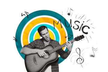 Creative collage poster banner of guy playing music on acoustic guitar on white background