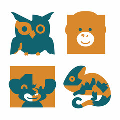 Fototapeta premium Stylized graphic animal illustrations featuring an owl, monkey, lion cub, and chameleon in a modern two-tone flat design style with teal and orange colors.