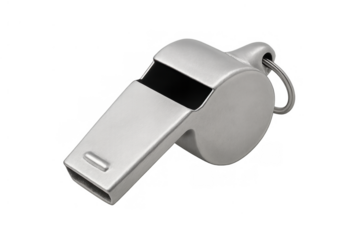 Silver metal whistle for sports referee or coach, signaling rules and control, transparent background