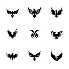 Collection of minimalist black vector eagle bird logos and icon designs, flying with spread wings, representing power, freedom, and strength.