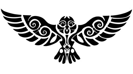 Obraz premium Stylized black silhouette of an owl with spread wings, featuring intricate tribal patterns, a modern graphic vector illustration.