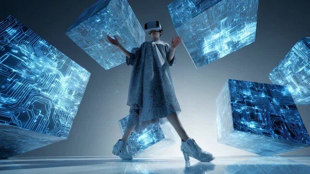 Immersive Virtual Reality Experience: A Futuristic Vision of Technology and Digital Exploration Unfolds Amidst Floating Holographic Cubes and a Stylishly Dressed User Engaged in Interactive Gameplay