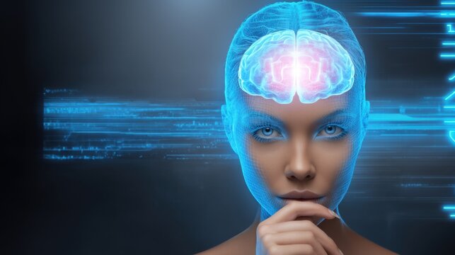 Artificial intelligence and neural network concept. Portrait of a woman with a projection of a glowing brain and a digital interface.
