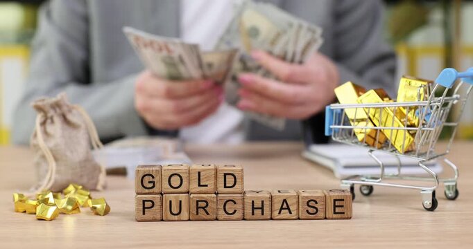 Exciting gold purchase process showcasing cash and ingots in a shopping setting near bustling market