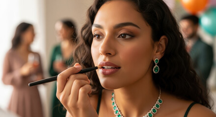 Young woman applying lipstick at a party, getting ready with makeup, celebrating birthday with friends and festive atmosphere.