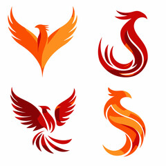 Fototapeta premium Vibrant vector set of abstract phoenix bird designs, mythical creature, fiery rebirth symbol, strong emblem, powerful icon, geometric style, soaring wings