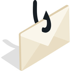 Phishing email concept graphic with a cream colored envelope being hooked by a dark fishing hook casting a shadow on a white background with isometric perspective and soft lighting