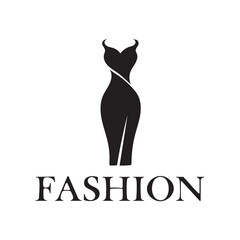 Black silhouette of a formal dress with the word FASHION clothing