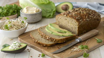 A healthy and delicious breakfast spread featuring a loaf of whole grain bread, sliced bread with avocado spread, fresh greens, and feta cheese