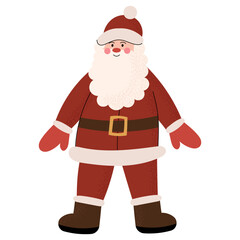 Cute Santa Claus standing and smiling. Flat vector illustration of jolly Father Christmas character for winter holiday cards, decorations and festive projects.