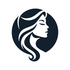 Dark blue circular logo of a woman's profile with flowing hair silhouette