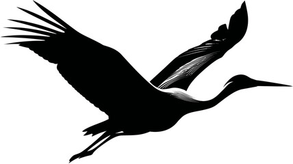 Fototapeta premium Striking black silhouette of a large bird in graceful flight, wings spread wide, isolated on a pure white background, symbolizing freedom and motion.