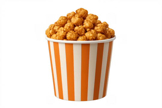Caramel popcorn filling striped bucket with sweet snack