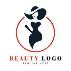 Elegant Woman Silhouette in Hat and Dress with Red Circle Logo beauty
