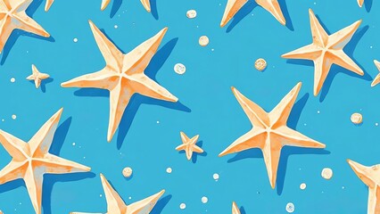 Blue background with a seamless doodle of retro-style starfishes.