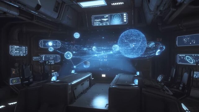 Futuristic starship bridge with holographic display of celestial bodies and data