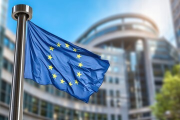 The European Union Flag Waves Proudly Against a Modern Office Building in Bright Sunlight