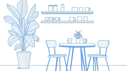 Illustration of a dining area with a table, chairs, shelves, and plant