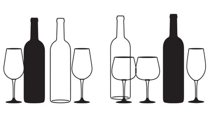 Wine bottles and glasses vector illustration simple black and white line art perfect for restaurant menus and wine lists