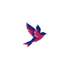Fototapeta premium Stylized flying bird illustration with blue and pink wings. Modern graphic art of a vibrant avian creature in flight, freedom concept.