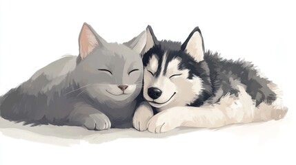 Cat and dog cuddle together on white background for friendship concepts
