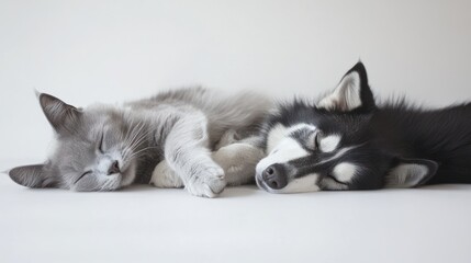 Cat and dog sleeping side-by-side on a plain surface, perfect for pet related content