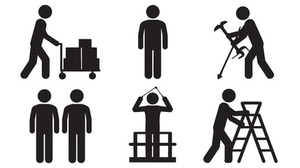 Set of stick figure icons depicting various actions and professions simple flat vector design element isolated on white background