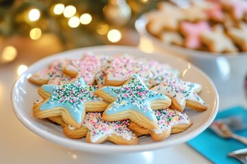 Festive Star Cookies with Sprinkles on a White Plate with Holiday Lights Background