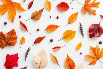 Vibrant Autumn Leaves and Berries Pattern on White Background, Evoking Seasonal Change and Organic Beauty