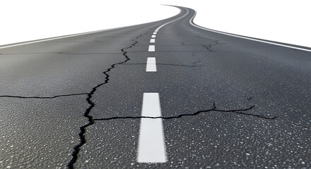 Cracked asphalt road with white dashed lines curving into darkness isolated on white background